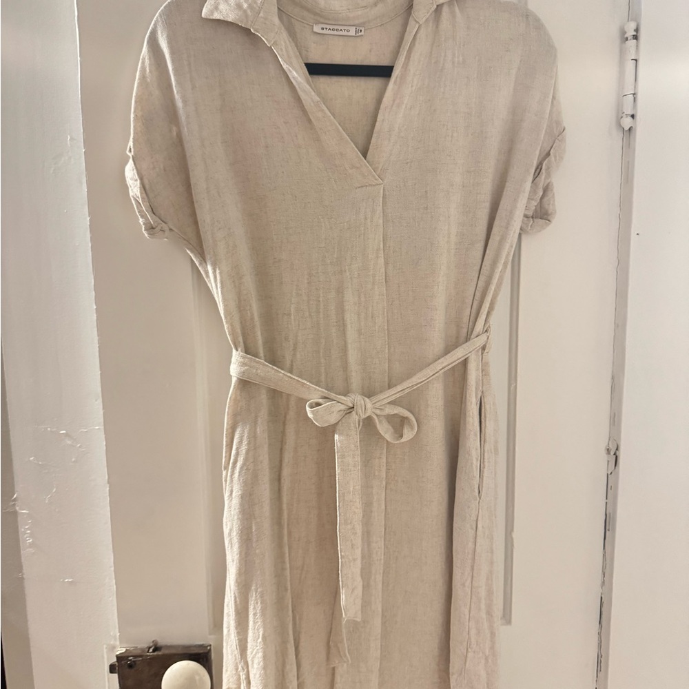 Staccato Linen Beige Midi Dress with Belt